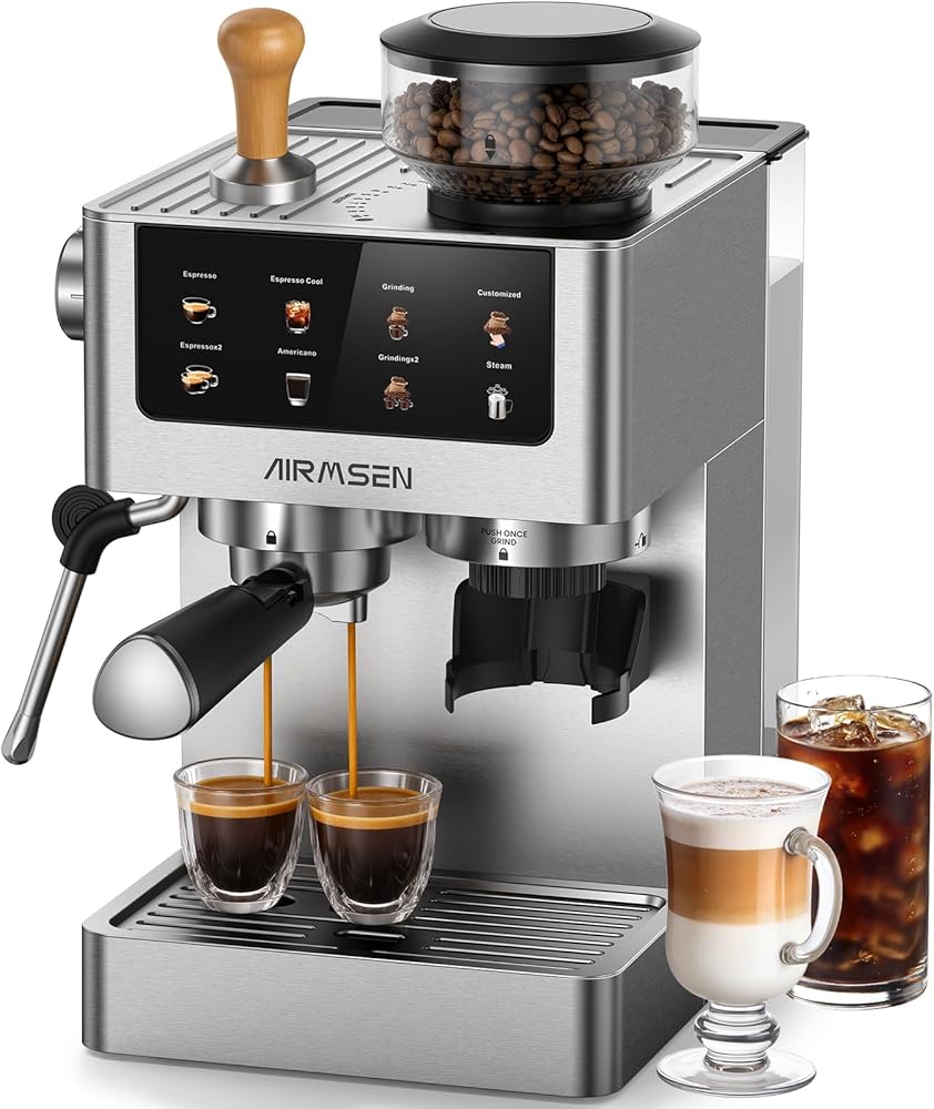 AIRMSEN Espresso Machines with Burr Grinder, 20 Bar, Milk Frother Steam Wand, Stainless Steel Coffee Maker for Home - Cappucc