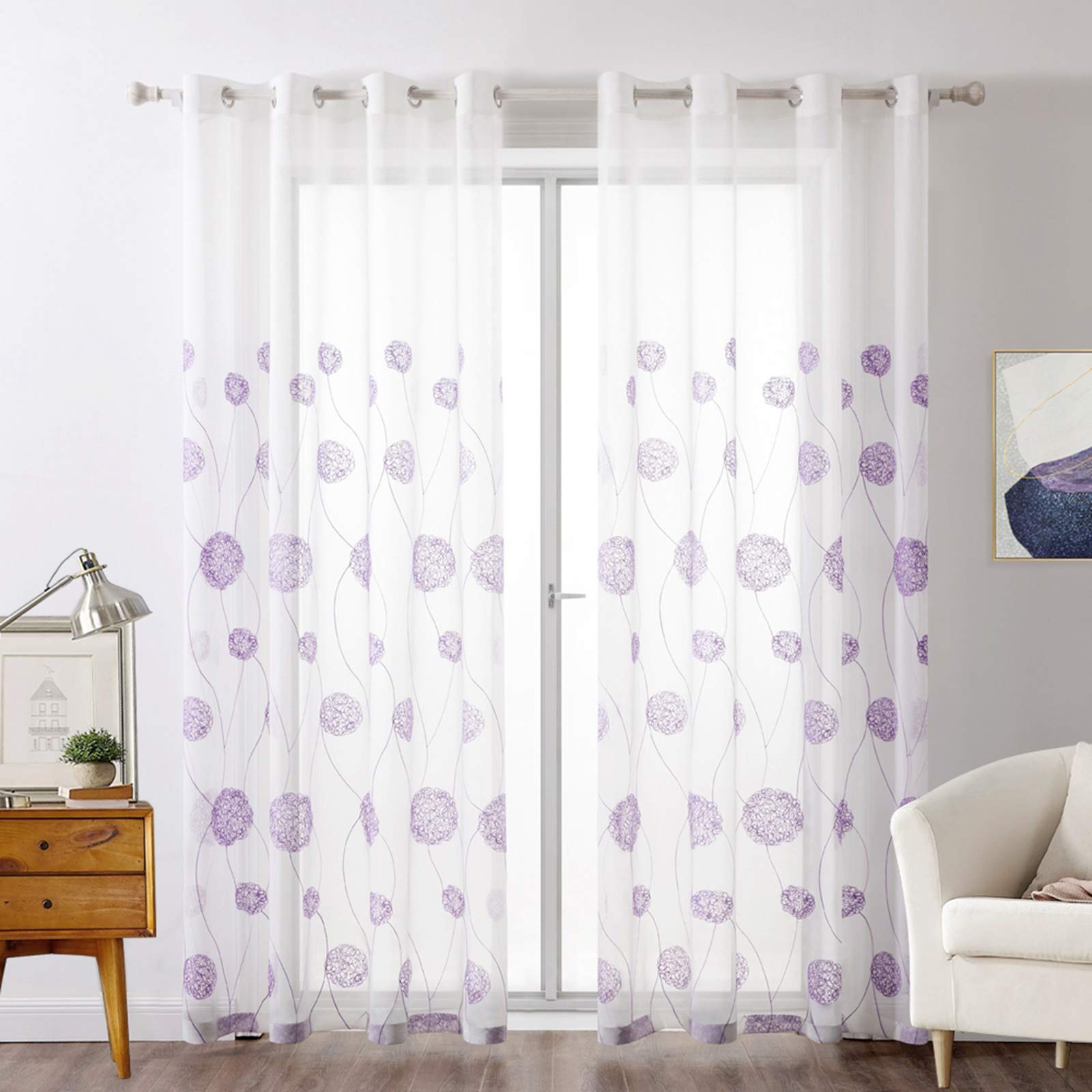 MIULEE Embroidery Sheer Curtains Flora Design Grommet Window Curtain Semi Voile Drapes Panels with Eyelets Window Treatments for Living Room Bedroom 2 Panels 55" W x 85" L Purple