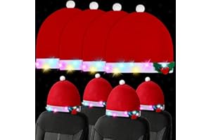 TALLEW 4 Pieces LED Santa Claus Hat Car Seat Headrest Covers Colorful Light Christmas Car Decoration Soft Car Seat Head Rest Cover Protector Interior Accessories Suitable for Most Car Headrests