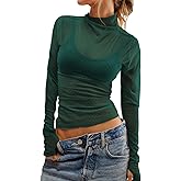 Essrite Womens Mesh Sheer Lace Laying Top Mock Neck Long Sleeve Polka Dot See Through Shirt Blouses Tops