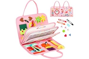 QUIET FLOWER 8 in 1 Toddler Busy Board for 1 Years Old, Montessori Toy Busy Book for Toddlers 1-3 Educational Learning Toy Activity for Basic Motor Skills, Kid Travel Essential 2-4 Yr Birthday Gift for Girl(Pink)