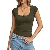 EasyGala Womens Cotton Ribbed Cap Sleeve Tops Lace Henley Button Down Shirts Cute Crop Tshirts Fitted Going Out Clothes