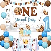 Balterever Boys Milk and Cookies 1st Birthday Decoration - One Sweet Boy Backdrop, Cake Topper for One Year Old