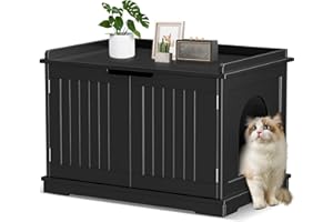 PET REPUBLIC Cat Litter Box Enclosure, Litter Box Furniture Hidden, Wooden Cat Washroom, Cat Litter Box Cabinet, Indoor Cat House with Removable Divider, as Table Nightstand Storage Bench (Black)