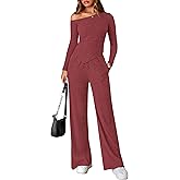 PRETTYGARDEN Fall Two Piece Sets For Women 2026 Off Shoulder Tops Long Pants Knit Matching Lounge Set Airport Travel Outfits