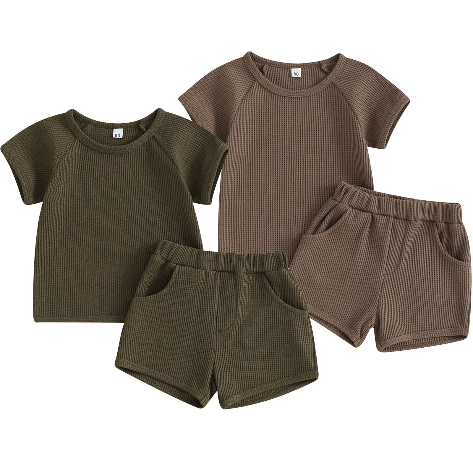 Photo 1 of WATOCHE 4-Piece Baby Boys Summer Set Toddler Cotton Outfits 2 Short-Sleeve Tops + 2 Shorts, Waffle Brown+Green 18-24 Months