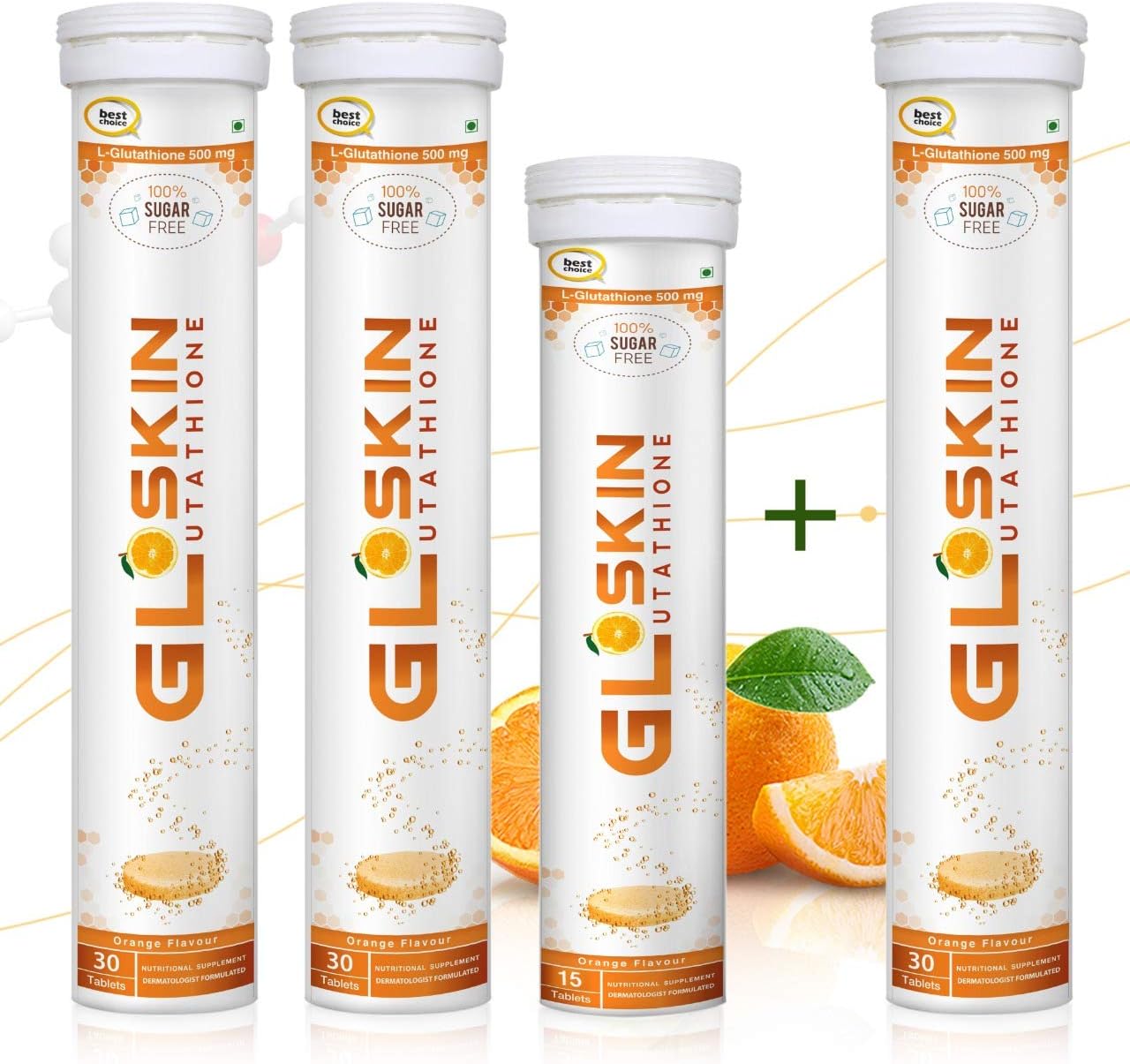 Gloskin Glutathione for Men & Women 2 in 1 L-Glutathione 500 mg + Vitamin C 1000 mg Veg 75 Effervescent Tablets for Skin Anti-Aging, Antioxidant