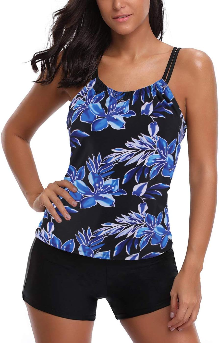 Women's Plus Size Floral Halter Tankini Set with Boyshort High Waist Swimsuit Bikini