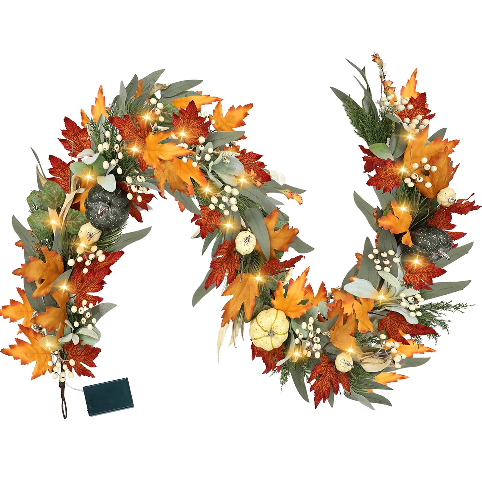 Photo 1 of Realistic Fall Garland for Mantle 6 Ft Fall Maple Leaves Garlands with Lights/Timer Pumpkin Garland for Thanksgiving Outdoor Indoor Table Fireplace Autumn Decor Fall Decorations for Home Porch