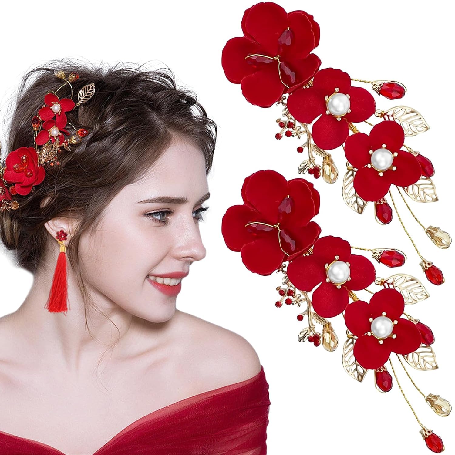 2 Pcs Red Flower Hair Clips Rose Floral Bridal Hairpins Crystal Pearl Flower Bride Headpiece Red Wedding Accessories for Women Girls Halloween Chrismas Party Prom