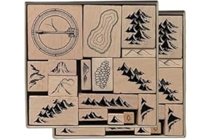16 Pcs Handmade Map Making Stamp Kit, Vintage Map Stamp, Wooden Rubber Stamp Combo with Mountains, Rivers, Forests, Buildings
