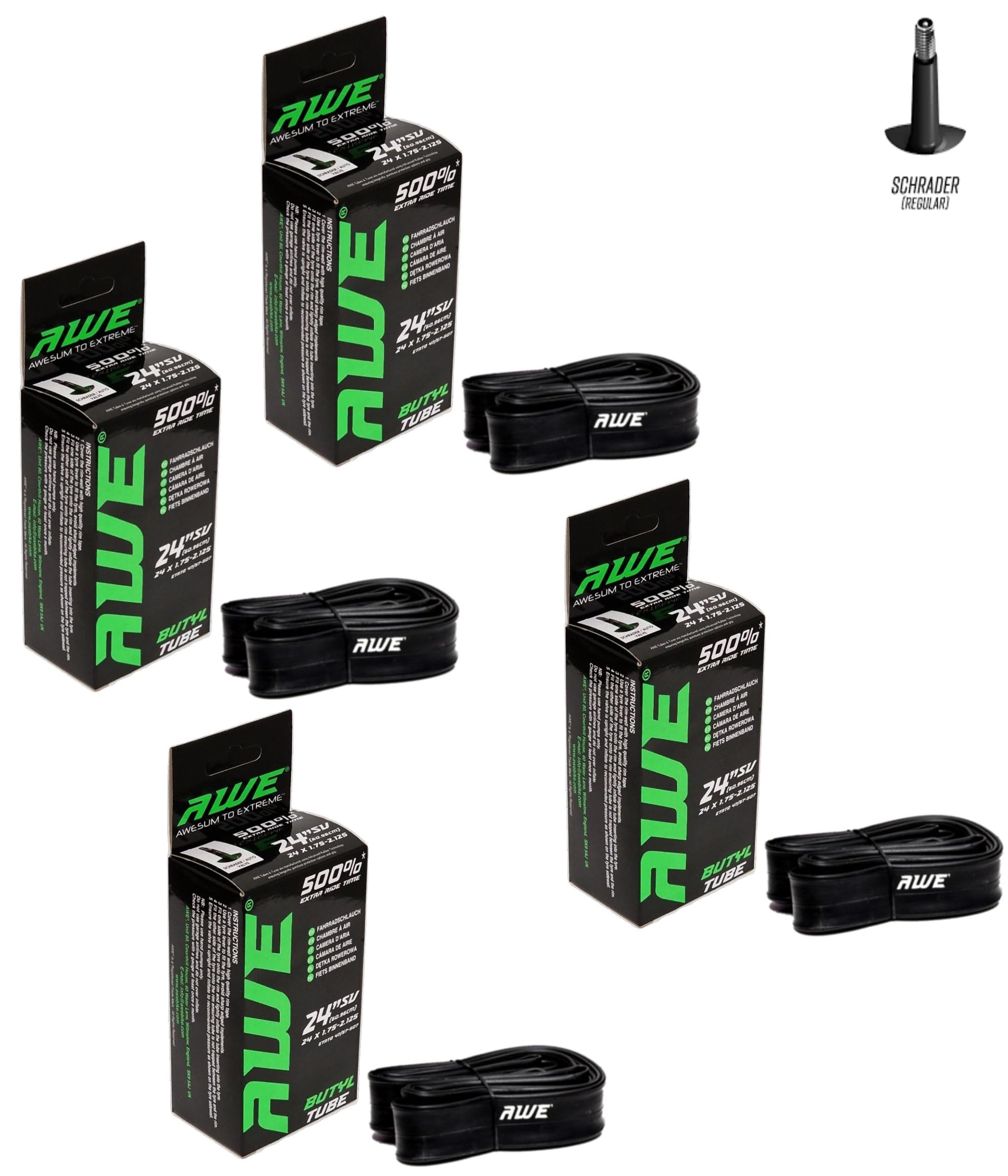 4 X AWE Butyl Rubber 24 Inch Inner Tubes 500%* Extra Ride Time 24 x 1.75-2.125 Schrader Valve