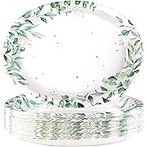 50Pcs Sage Green Oval Paper Plates 10" x 12" Large Disposable Heavy Duty Watercolor Eucalyptus Paper Platters Sage Floral Green Leaves Dessert Plates for Baby Shower Picnic Wedding Dinner Supplies