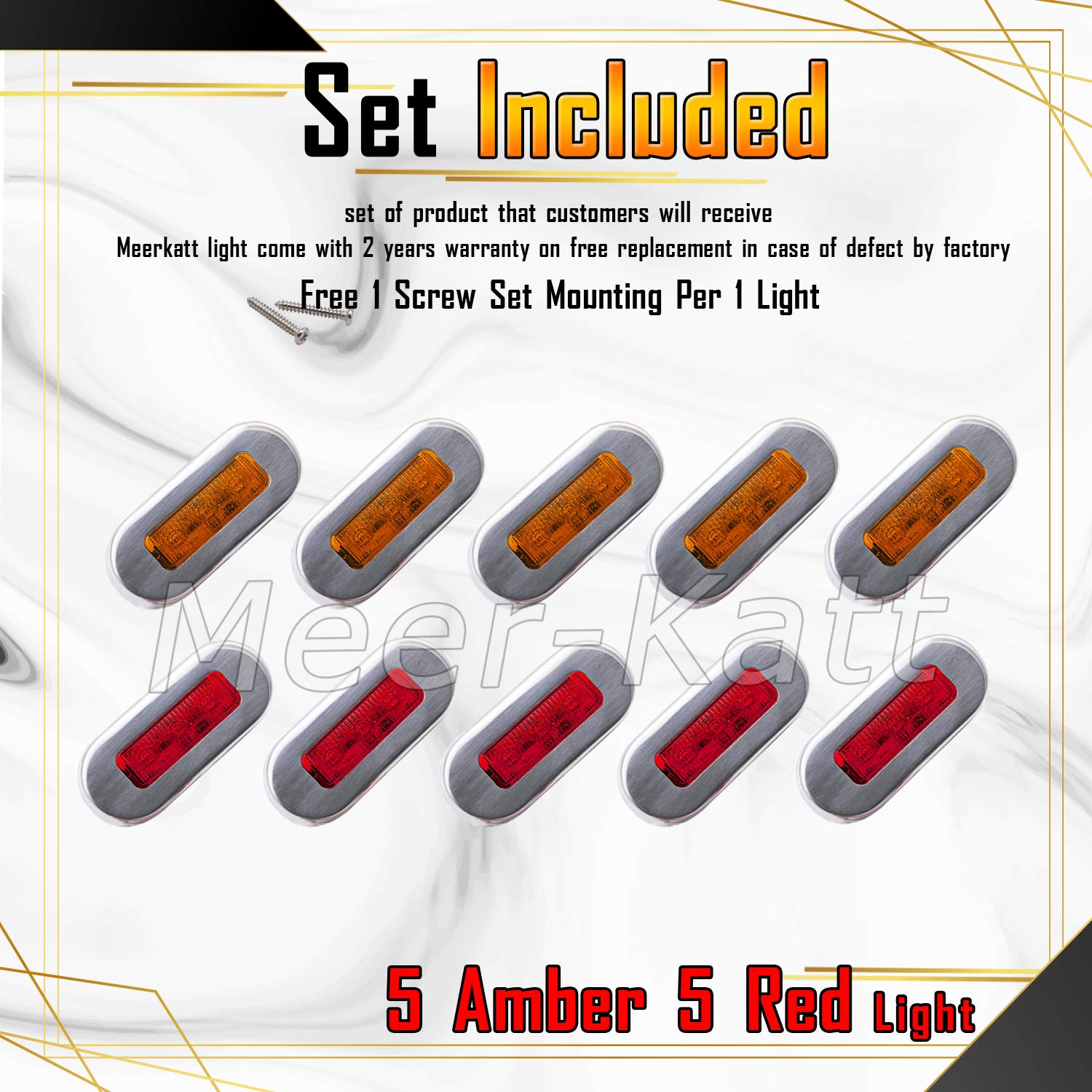 Meerkatt (Pack of 10) 3 Inch Oblong Amber LED Marine Courtesy Light Sealed Flush Mount Clearance Lamp for Yacht Stair Deck Garden Boat RV Cabin Truck Waterproof 12V DC with Chrome Stainless Bezel UV12