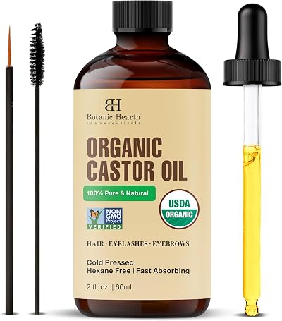 Botanic Hearth Castor Oil for Hair Brows Lashes 2 fl oz with Brush