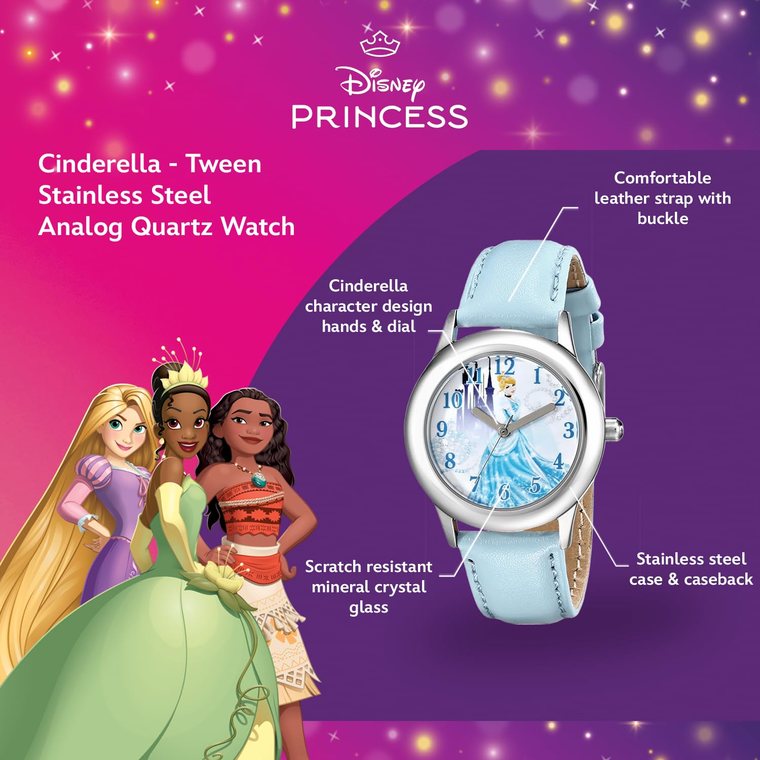 Disney Princess Watch for Girls Age 3–5 Featuring Cinderella with Flowing Dress – Ideal for Kids Who Lovee Fantasy Vibes, Dreamlike Art, and Storybook Style – Aqua Nylon Strap with Velcro Closure