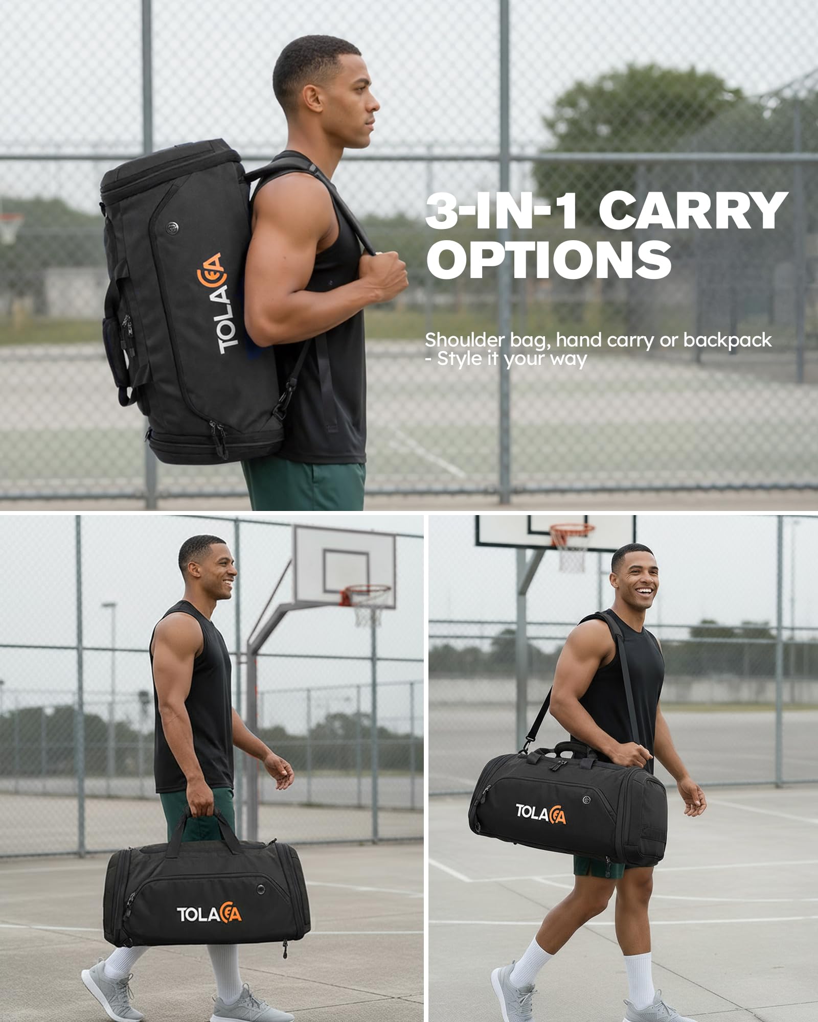 Tolaccea Sporttasche 56–70L für Herren & Damen– Erweiterbare Reisetasche mit Schuhfach & Nassfach, als Rucksack tragbar, für Fitness, Gym, Schwimmen, Fußball, Reisen (Schwarz) 2