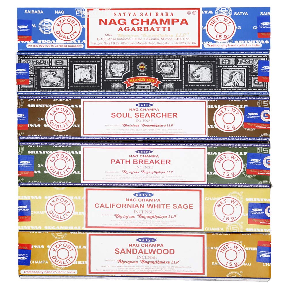 Satya - Set of 6 - Nag Champa, Super Hit, Path Breaker, Soul Searcher, Sandalwood, Californian White Sage 15 Grams x6 Pack
