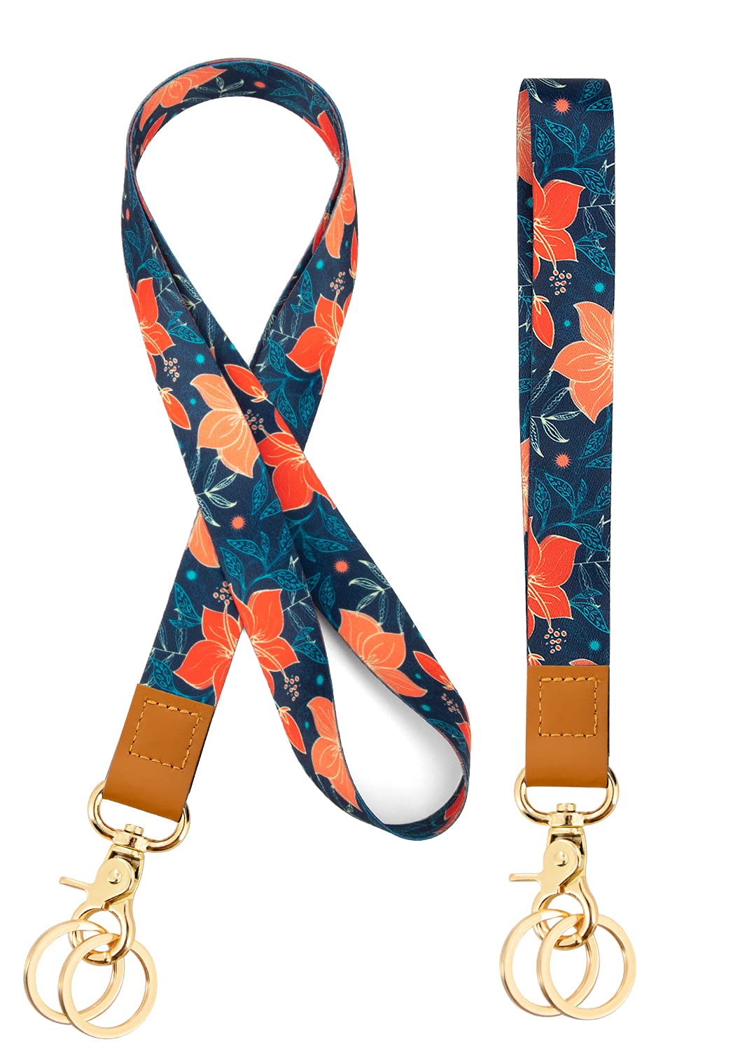 2 Pieces Lanyard for Neck Wrist with Swivel Lobster Clasp and Genuine Leather, for ID Badge Holder, Keys, Camera, Mobile Phone(Red Flower)