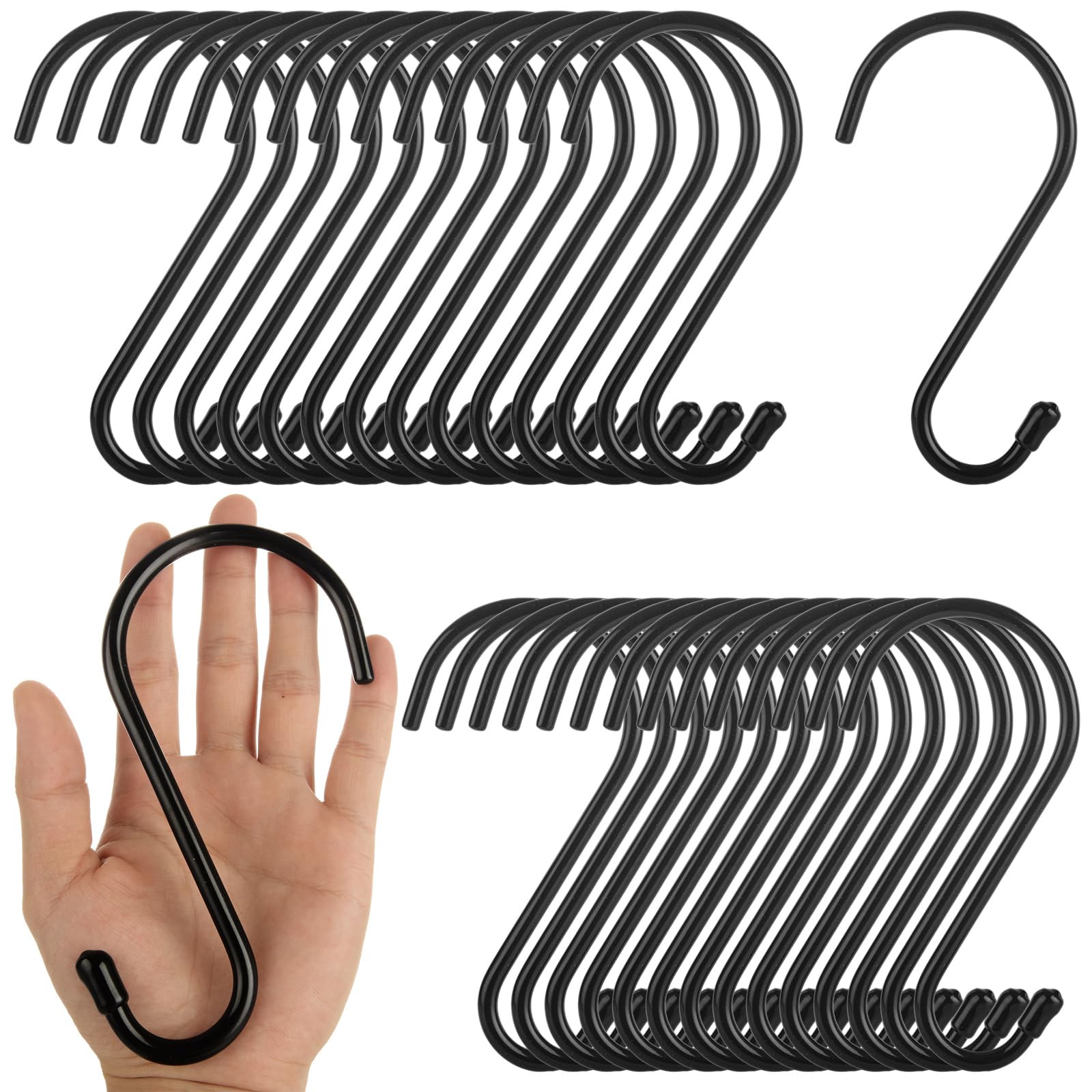 MUXHEL 30pcs S Hooks Large, 15cm S Hooks for Hanging Black S Hooks Heavy Duty, Rubber Coated Metal Non Slip S Shaped Hook for Kitchen, Utensils, Pots, Pans, Clothes