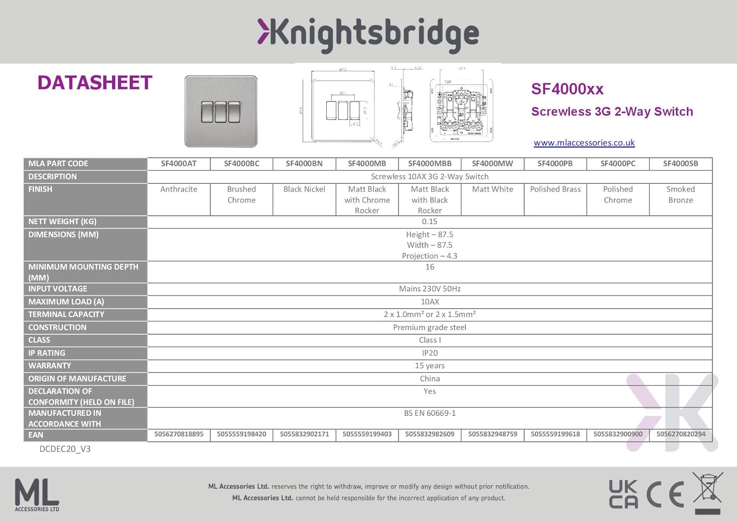 Knightsbridge SF4000BC Screwless 10 A 3-Gang 2 Way Switch, 32 W, 230 V, Brushed Chrome, Light Switch 3G - Image 3
