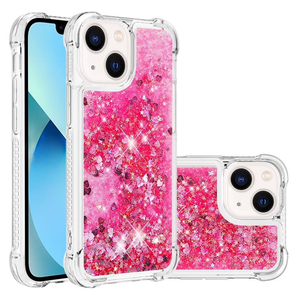 IMEIKONST Compatible with iPhone 14 Plus Glitter Case, Liquid Sparkle Quicksand Clear Transparent Sequin Girls Slim TPU Bumper Silicone Shockproof Cover for iPhone 14 Plus. Love Pink YBW