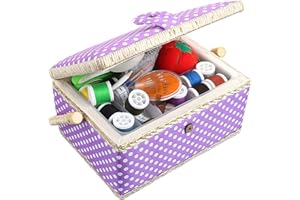 COMFECTO Sewing Basket with Accessories Sewing Kit Storage Organizer with Tools, Wooden Sewing Box with Removable Tray Tomato Pincushion for Mending - Purple