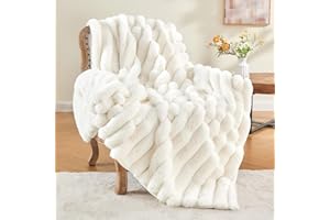 BEDELITE Faux Fur Throw Blanket for Couch, Soft and Cozy Luxurious 3D Striped Fluffy Blanket, 770GSM Thick Warm Plush Fuzzy Faux Rabbit Fur Blanket for Women Gift (Cream, 50"x 60")