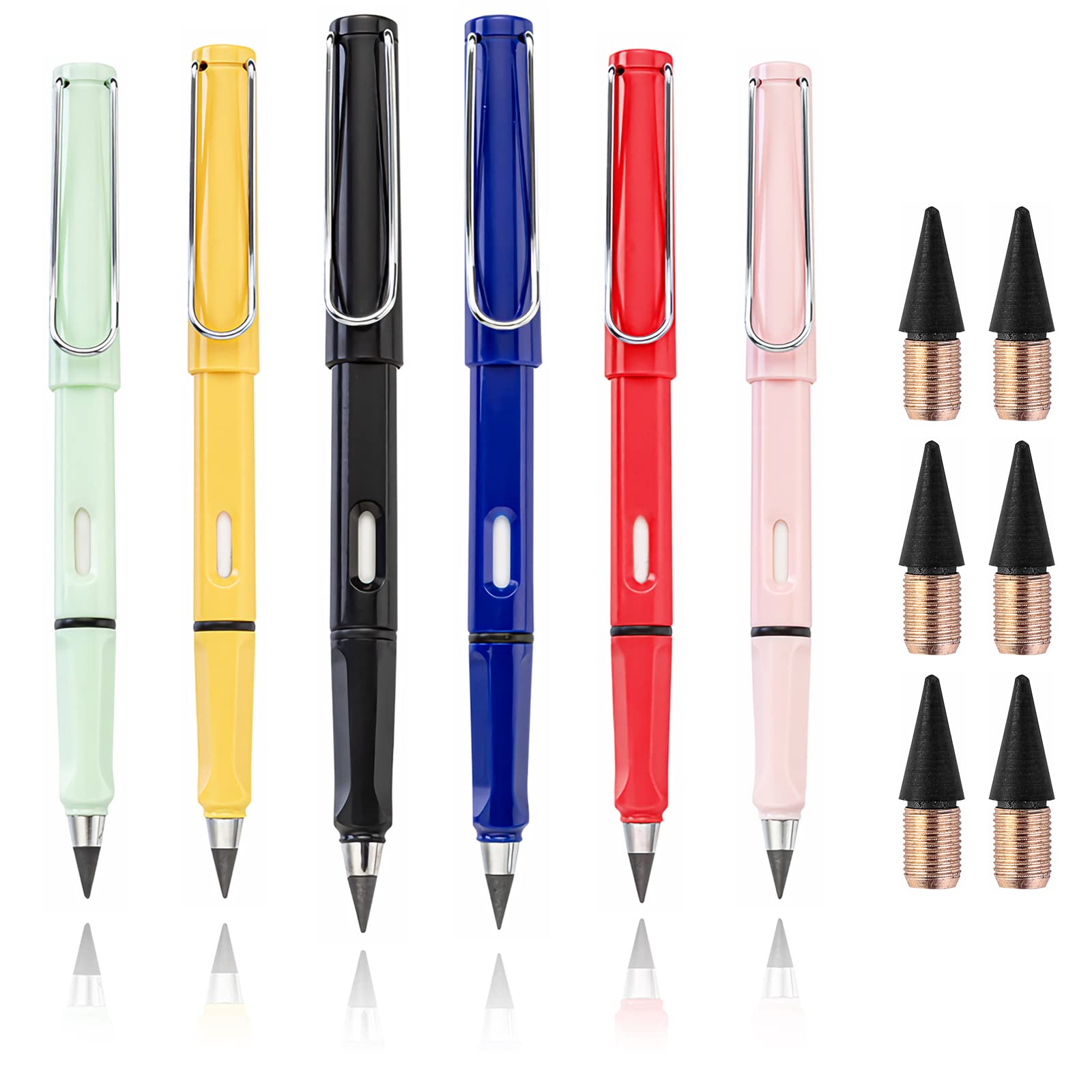 YUTOU Pack of 6 Eternal Pencil Inkless Pencils Eternal Technology Unlimited Writing No Ink Pen Reusable Inkless Pen with 6 Replacement Tips, 6 Colours