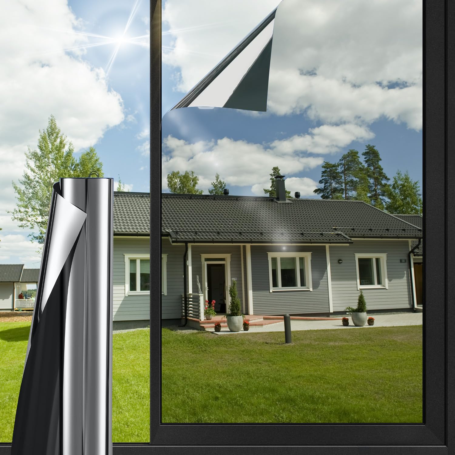 HONLONE One Way Window Film, Reflective Window Film Heat Control, Anti Glare UV Mirror Film, Glass Tinting Film For House And Office, Black Silver 100 * 400cm