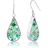 925 Sterling Silver Pressed Flower Teardrop Earrings,Hypoallergenic Women's Jewelry Gift for Mom and Wife,Handmade Natural Dried Flower Teardrop Earrings Jewelry Gift