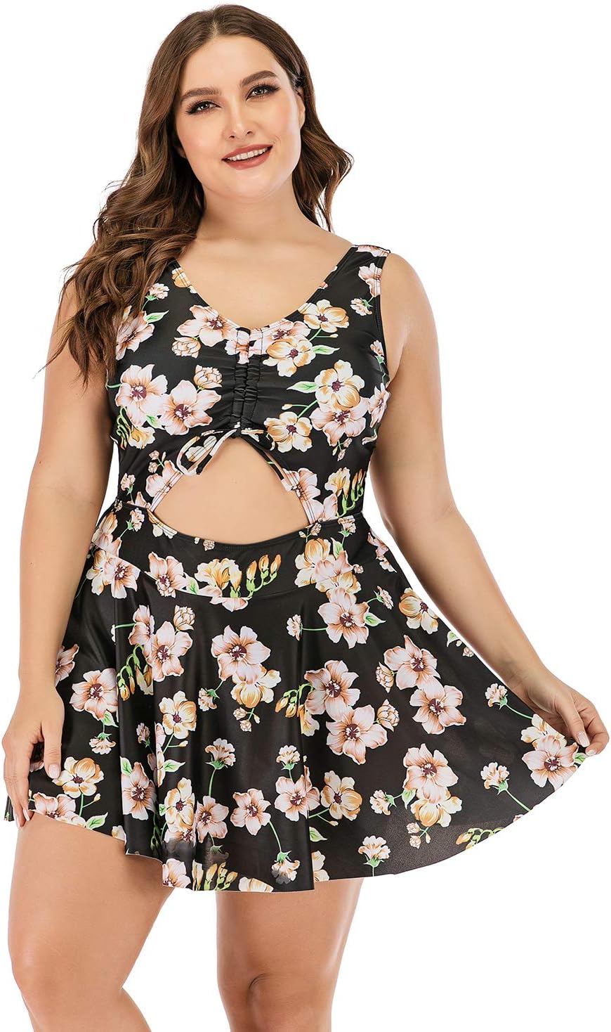 ESPRLIA Plus Size Floral Prinit Halter Swimwear One Piece Pin up Tankini Swimwear