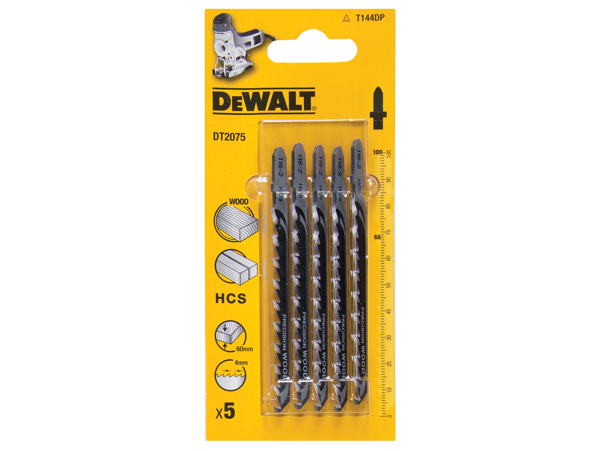 DeWalt DT2075QZ Jigsaw Blades for Wood T-Shank HCS T144DP (Pack of 5) - Packaging May Vary