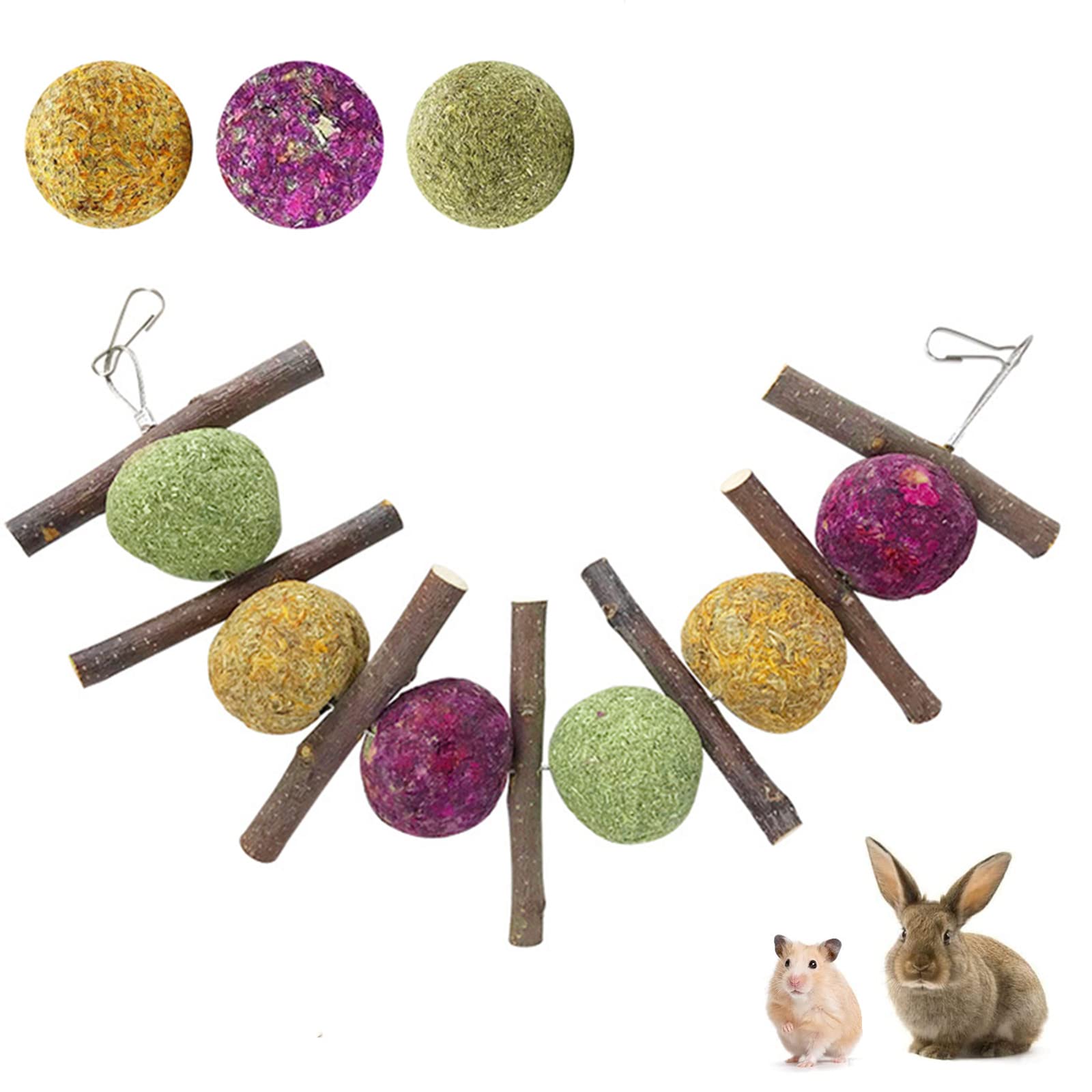 GNCLOUD Rabbit Toys - Boredom Breaker Treats, Apple Stick & Grass Ball, Hanging Toys for Hamster, Chinchilla, Guinea Pig, Gerbil