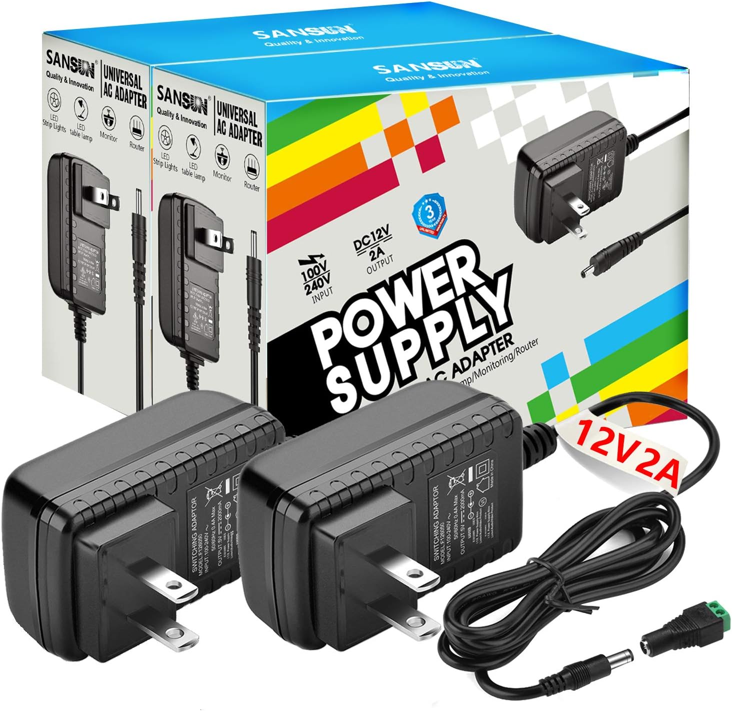 DC12V 2A Power Supply Adapter, SANSUN AC100-240V to DC12V Transformers, Switching Power Supply for 12V LED Strip Lights, 12 Volt 2 Amp Power Adaptor, 2.1mm X 5.5mm US Plug (1pcs) - - 
