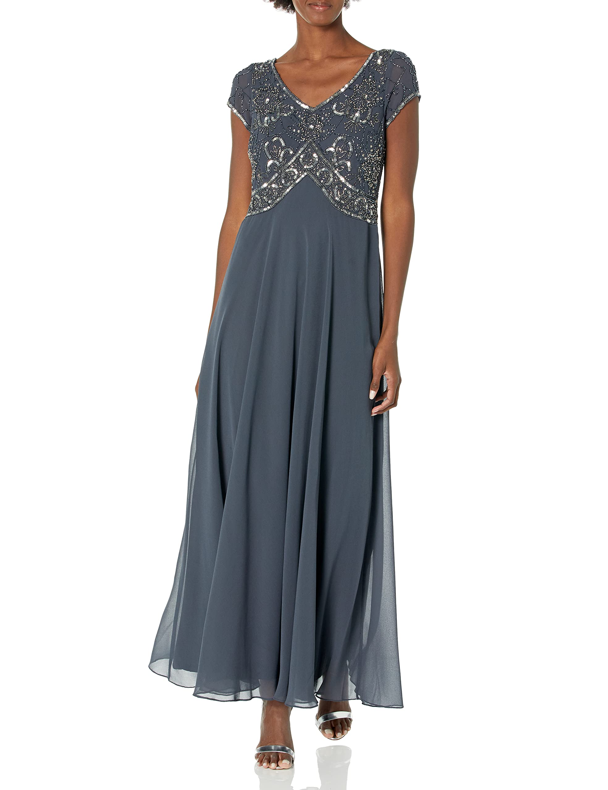 Photo 1 of J Kara Women's Cap Sleeve V-Neck Beaded Top Gown, Grey/Gun/Mercury, 10
