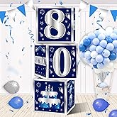 Turypaty 3 Packs Blue Silver 80th Birthday Decorations Boxes for Men, Blue Navy Happy 80 Birthday Balloons Boxes Party Supplies, Eighty Years Old Bday Cardboard Box Decoration
