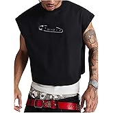 GORGLITTER Men's Letter Graphic Y2k Cropped Top Dolman Sleeve Crewneck Oversized Tank Tops