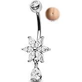 Melighting 14G Clear Belly Button Ring, Flower Belly Piercing Jewelry Surgical Steel 316L, Dangle Teardrop CZ Navel Piercing Barbell, 10 mm Silver Lotus Body Jewellery for Women