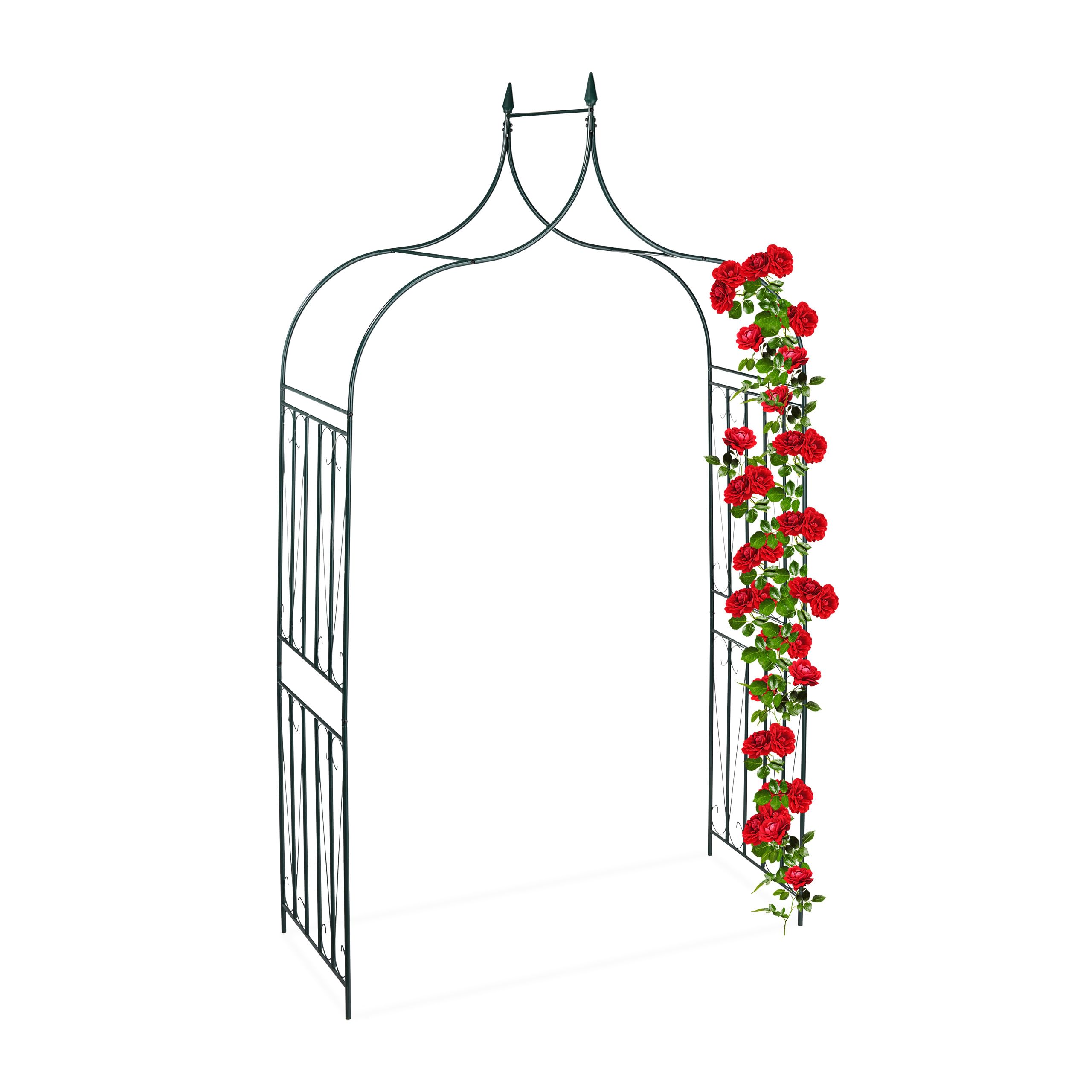 Relaxdays Rose Arch with Gate, Garden Growth Support, Metal Trellis, Weatherproof, HWD 270 x 144 x 60 cm, Dark Green