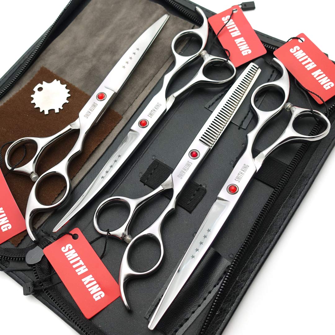 7.0 inches Professional Dog Grooming Scissors Set Straight & thinning & Curved 4pcs in 1 Set (Silver)
