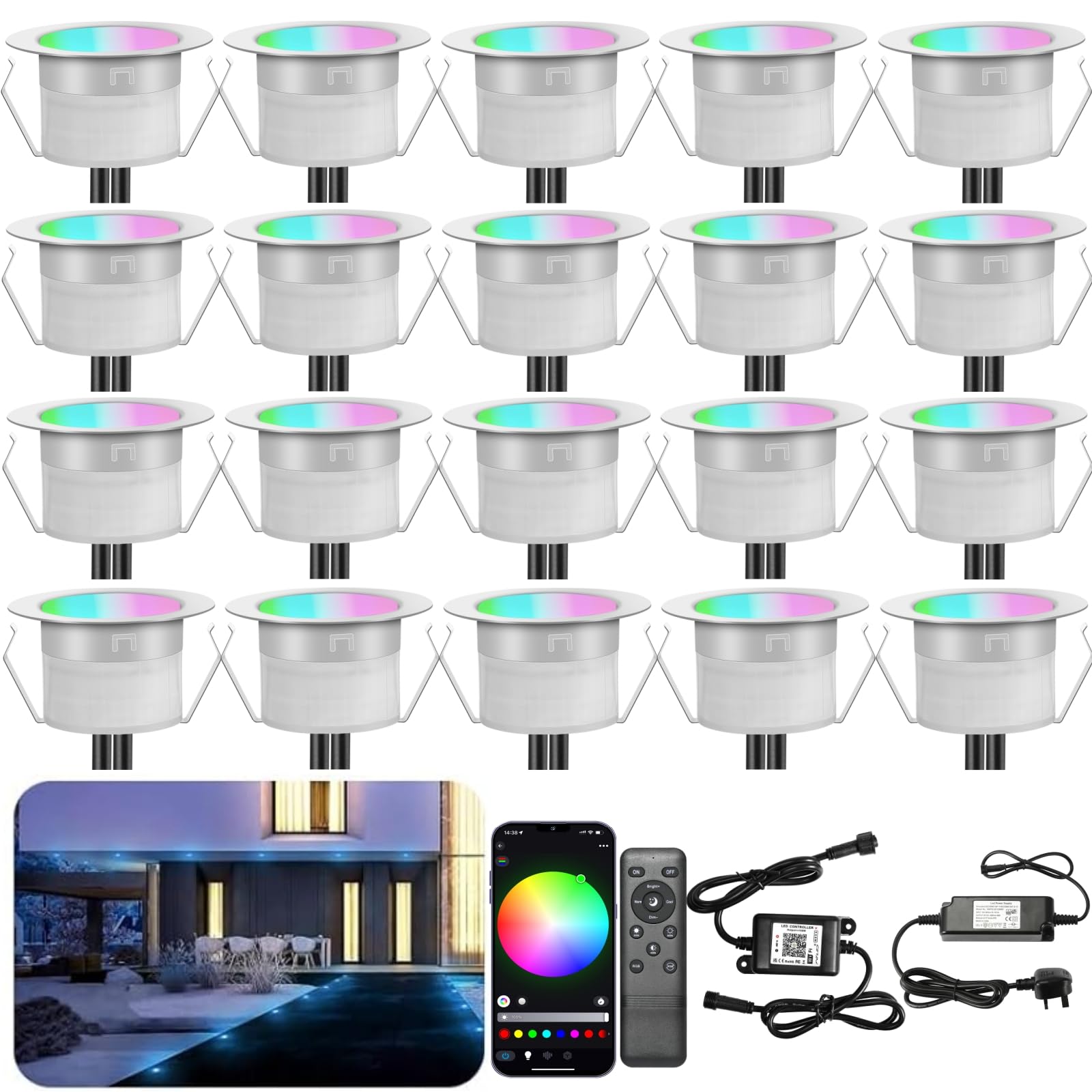 INDARUN RGBW WiFi Led Decking Lights Waterproof IP67 Ø45MM 12V - Led Plinth Light Kits for Terrace/Patio/Path/Wall/Garden/Decoration, 20 Packs