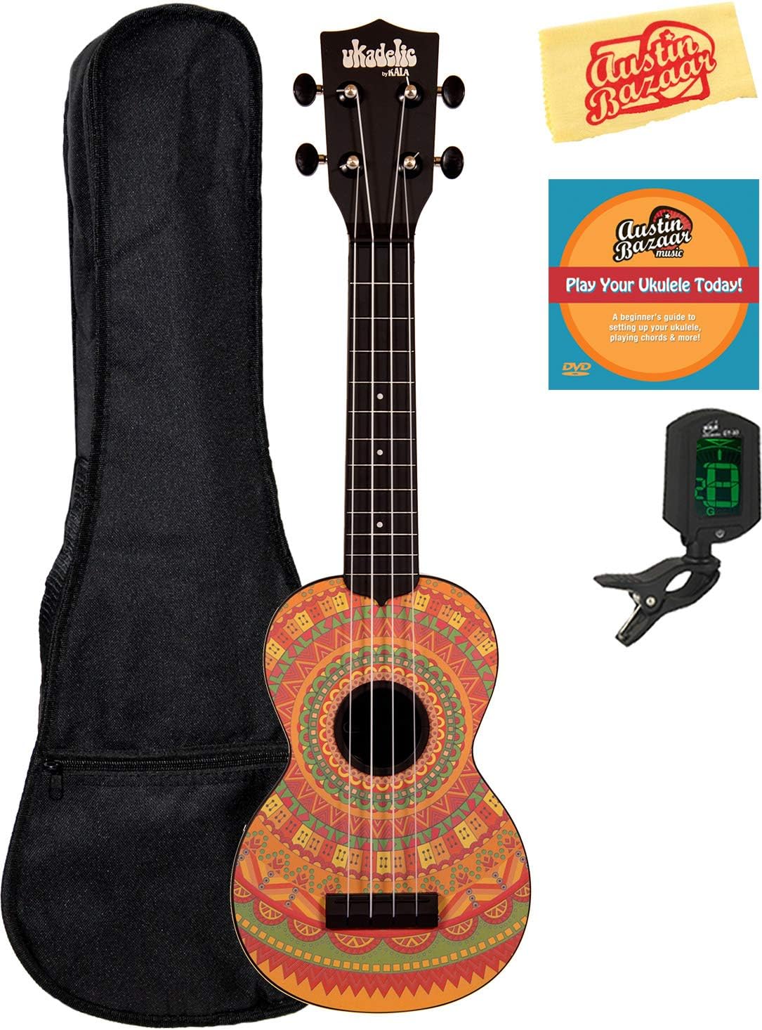 Kala KA-SU-MEHNDI Soprano Ukulele - Mehndi Bundle with Gig Bag, Tuner, Austin Bazaar Instructional DVD, and Polishing Cloth, Bundle w/ Gig Bag, Mehndi