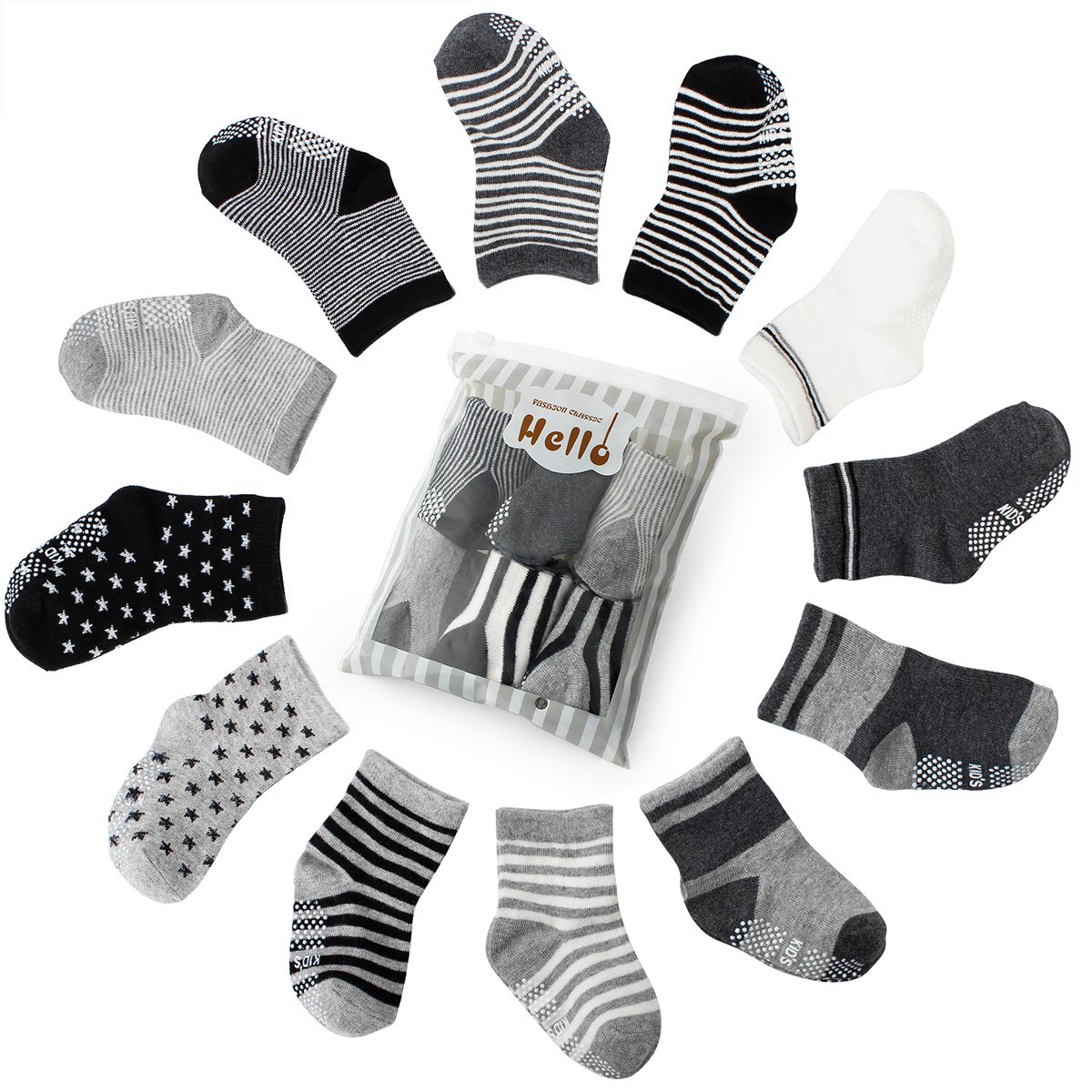 6 pair Non Skid Anti Slip Slipper Cotton Crew Socks With Grips For Baby Toddler Boys, Future Founder (Black-grey-white)