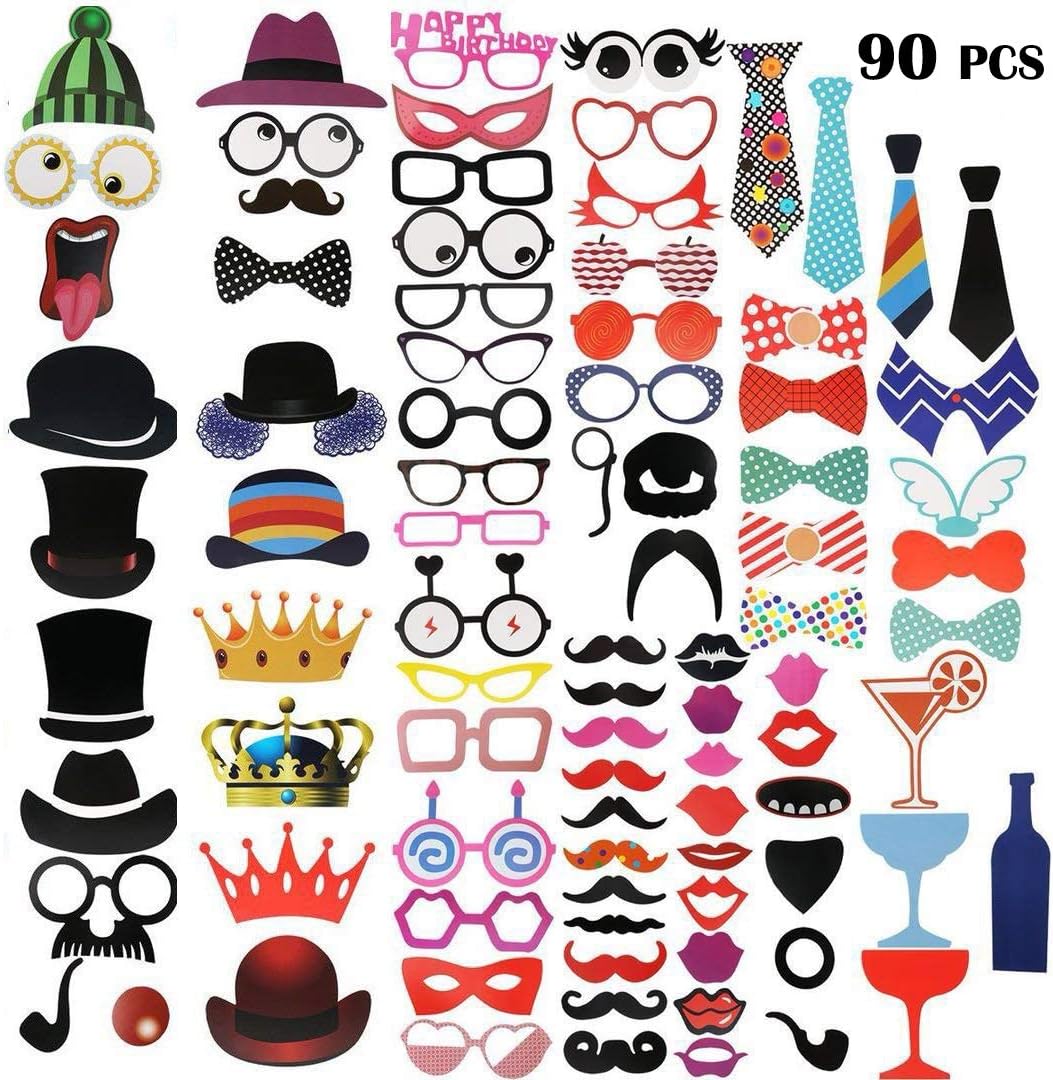Winiron Photo Booth Props 90 Counts for Birthday, DIY Photo Booth Fun Accessories Kit for Wedding, Graduation, Christmas, Reunions &Festivals