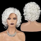 SEVENCOLORS Short White Curly Wigs for Women Natural Soft Hair Cosplay Costume Halloween Wigs Synthetic Big Curly Bob Wig(White)