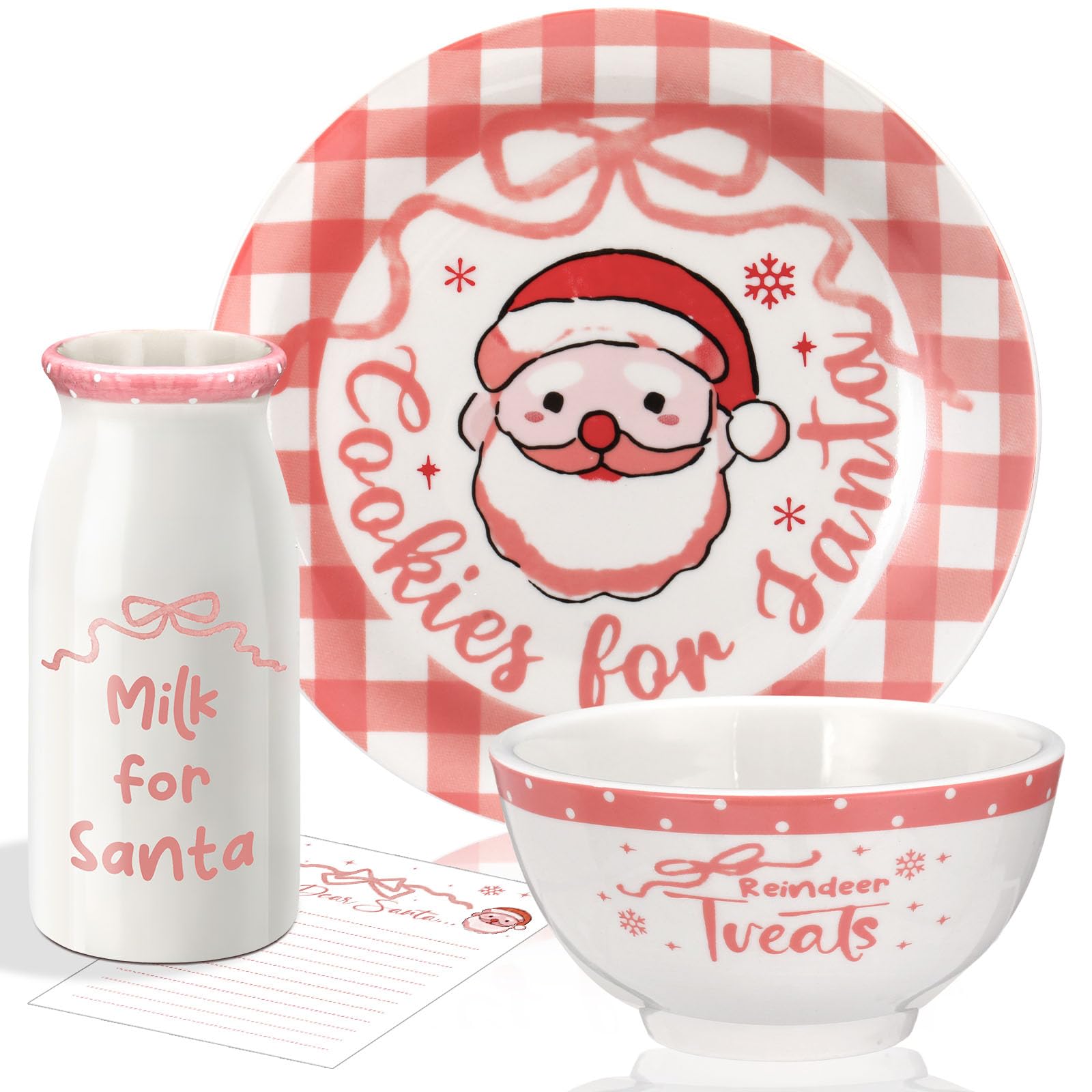 Photo 1 of ((((No plate )))))’ Christmas Cookies for Santa Plate Christmas Dinnerware Set Cookies for Santa Plate Set with Milk Jar, Reindeer Treat Bowl, and Dear Notepad Eve Gift for Kids (Pink Buffalo Plaid)