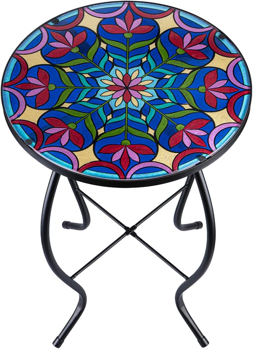 Outdoor Side Table Mosaic End Table Patio Side Table Small End Table Glass Top Round Balcony Coffee Table Porch Indoor Glass Top : Garden & Outdoor