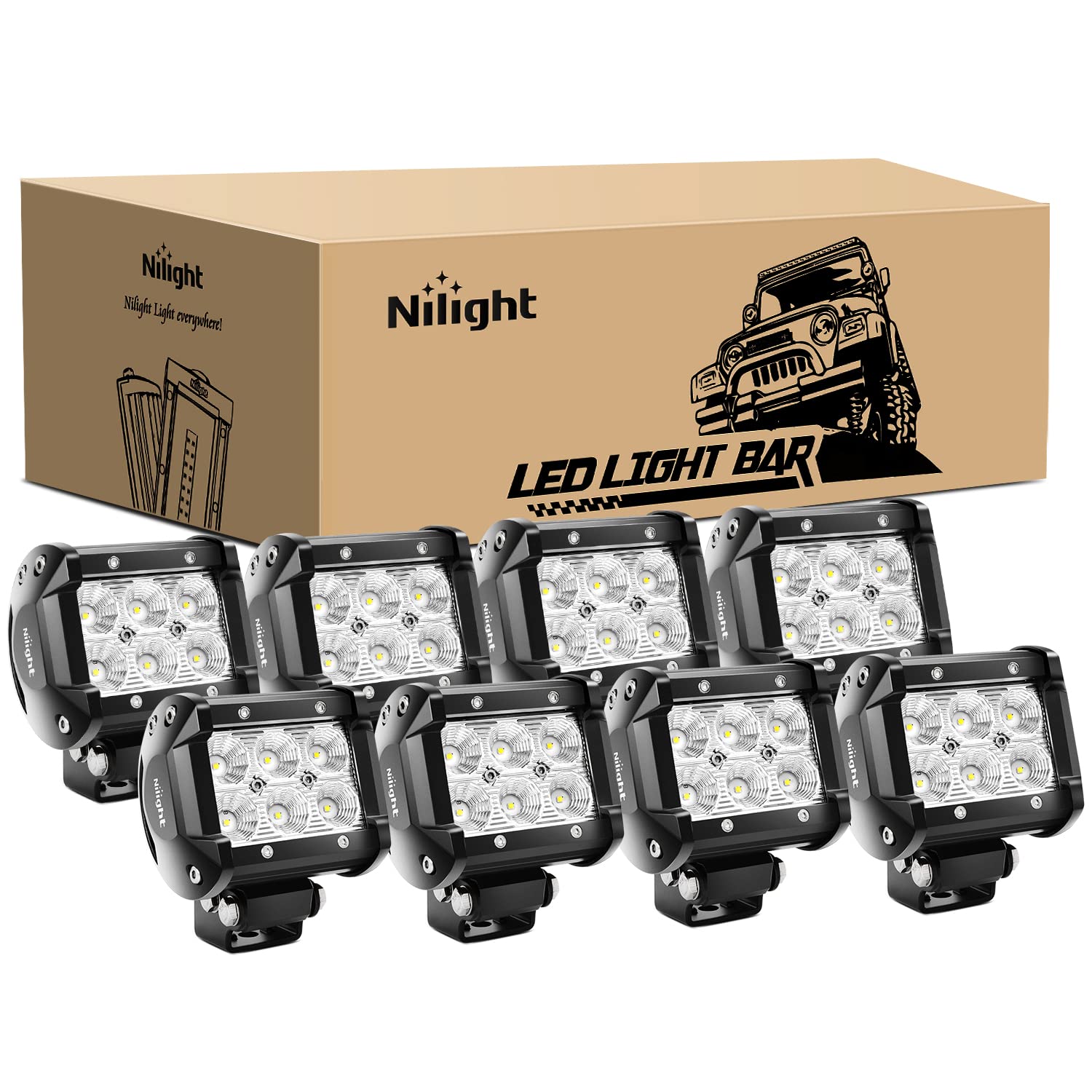 Nilight - 60001F-D Barra de luces LED 8 piezas 4 pulgadas 18 W barra LED 1260 lm luces de conducción todoterreno luces antiniebla LED iluminación Jeep luz de trabajo LED para furgonetas, camper, SUV, ATV, 2 años de garantía