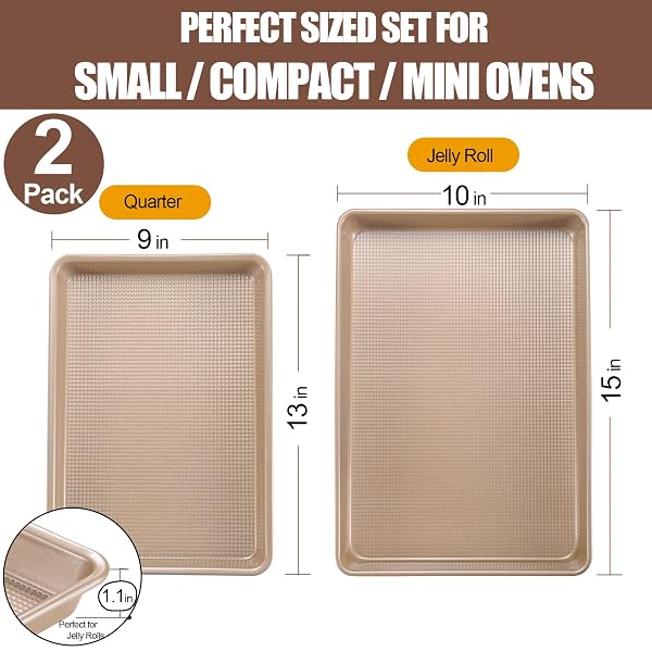 JOHO BAKING COOKIE SHEETS FOR BAKING NONSTICK, 2 PACK HEAVY DUTY 0.8MM BAKING SHEET PAN SET QUARTER(9X13IN) & JELLY ROLL(10X15IN) WITH DIAMOND TEXTURE, GOLD COMMERCIAL GRADE, SMALL OVEN SAFE